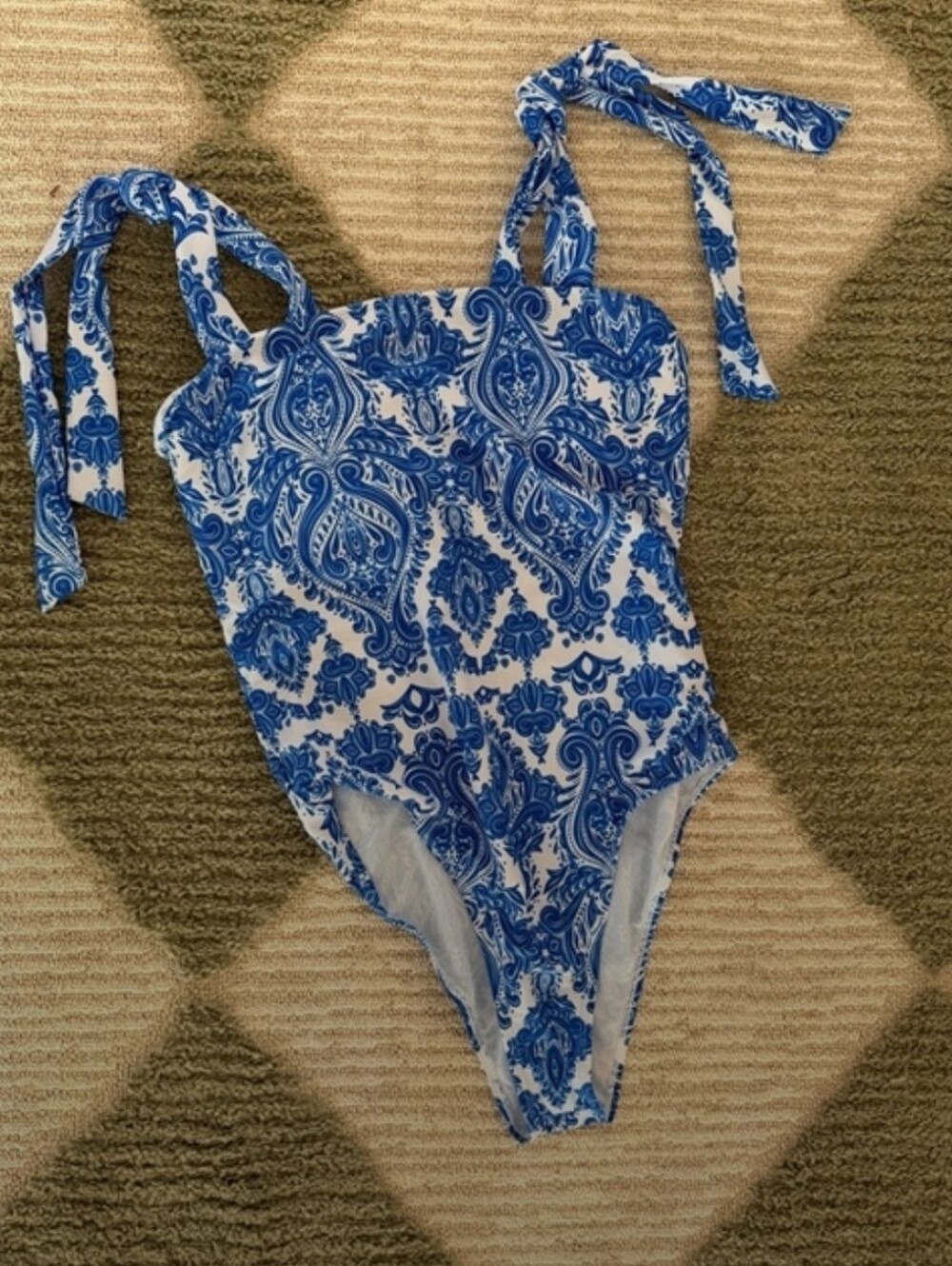 Blue & White Paisley One-Piece Swimsuit with Tie Straps